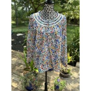 Talbots Blouse Womens XLP Multicolor Floral Cotton Long Sleeves Lightweight Top